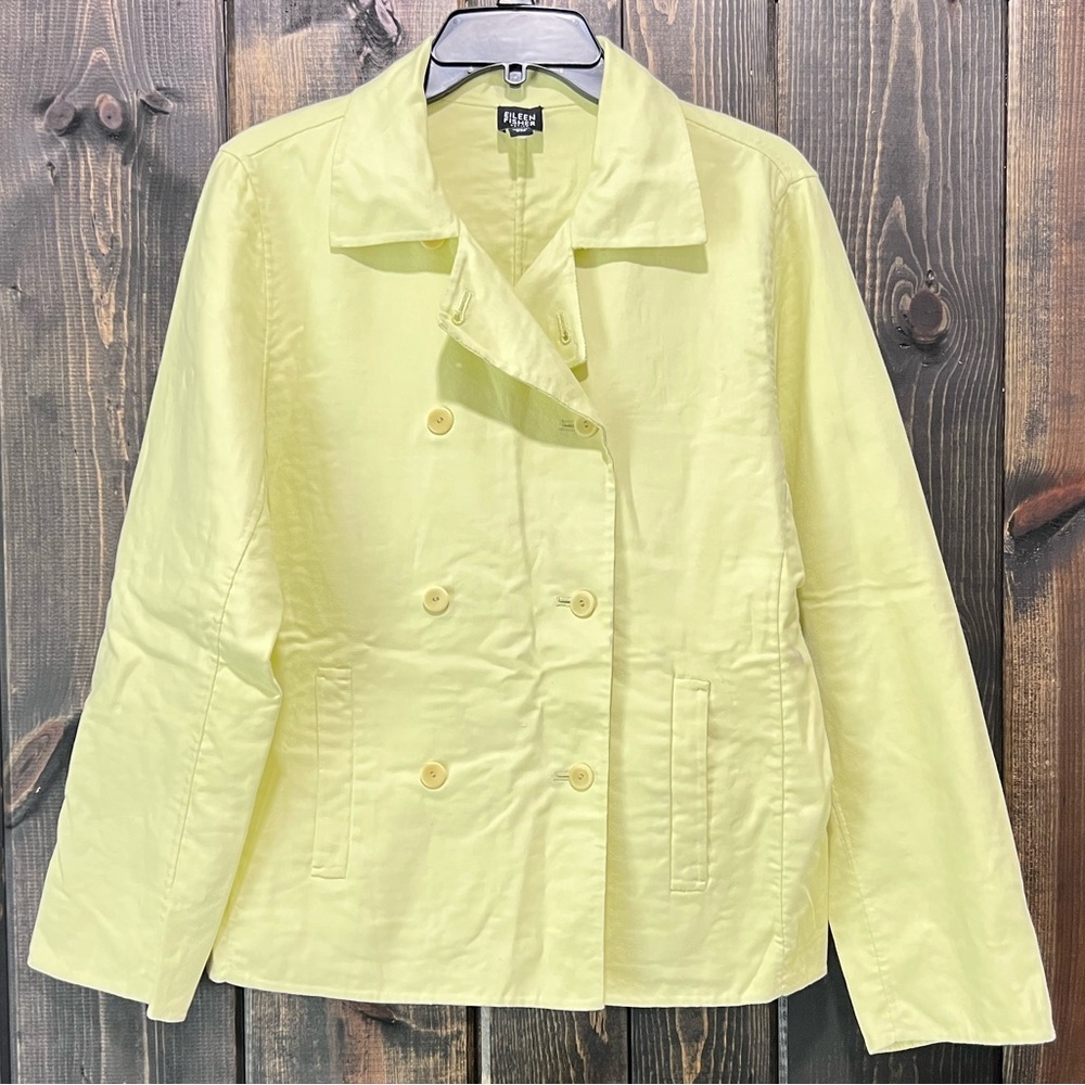 Eileen Fisher Pea Coat M Petite Key Lime Double Button Stretch Cotton Casual